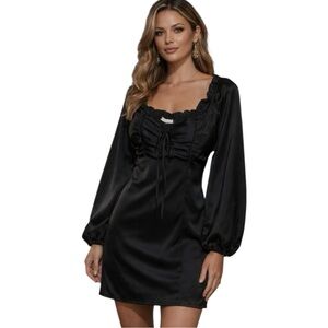 Blush J Black Satin Mini Dress M Puff Sleeve Ruched Romantic Cottagecore